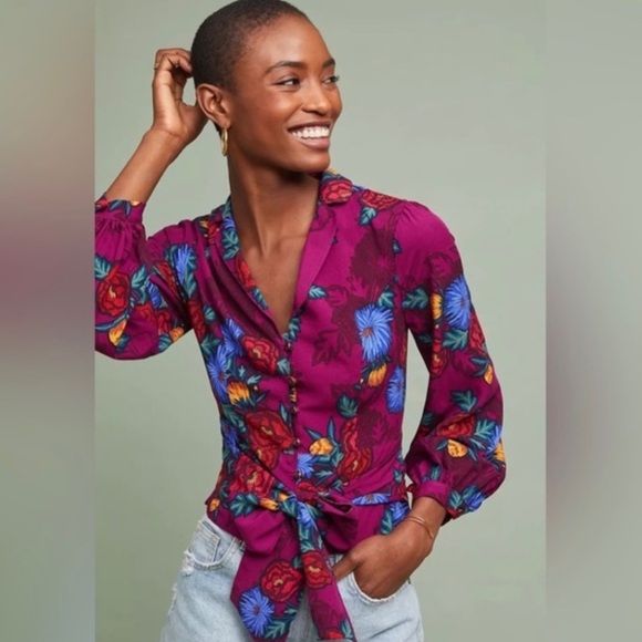 Anthropologie Moulinette Soeurs floral button front wrap shirt blouse top 4 - Picture 1 of 8
